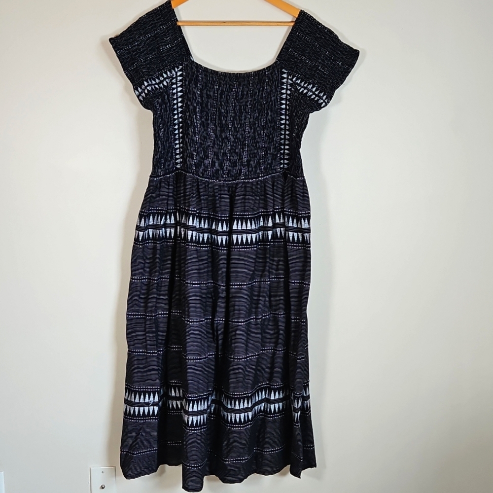 Ulla Popken Ikat Midi Dress Navy 20/22 White Embroidered Smocked Boho